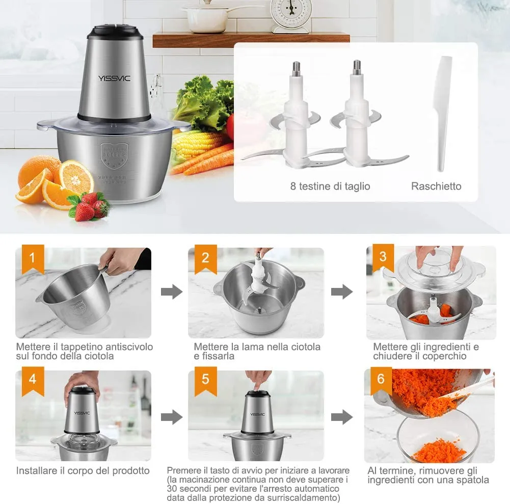 YISSVIC Tritatutto da Cucina Elettrico 2L, 2×4 Lame 500W Tritatutto Elettrico Frullatore Multifunzione con Ciotola in Acciaio In